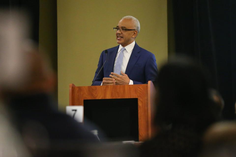 Keynote Speaker E. LaBrent Chrite, president at Bentley University in Waltham, speaks during the Greater Framingham Community Church's annual Martin Luther King Jr. Breakfast at the Verve Hotel in Natick, Jan. 17, 2022.