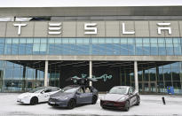 File - The Tesla Gigafactory Berlin-Brandenburg plant is seen in Grunheide, Germany on Jan. 12, 2024. Electric carmaker Tesla will emporarily shut down the factory near Berlin because of shipment delays related to attacks on cargo ships by Houthi Rebels. (Patrick Pleul/dpa via AP)