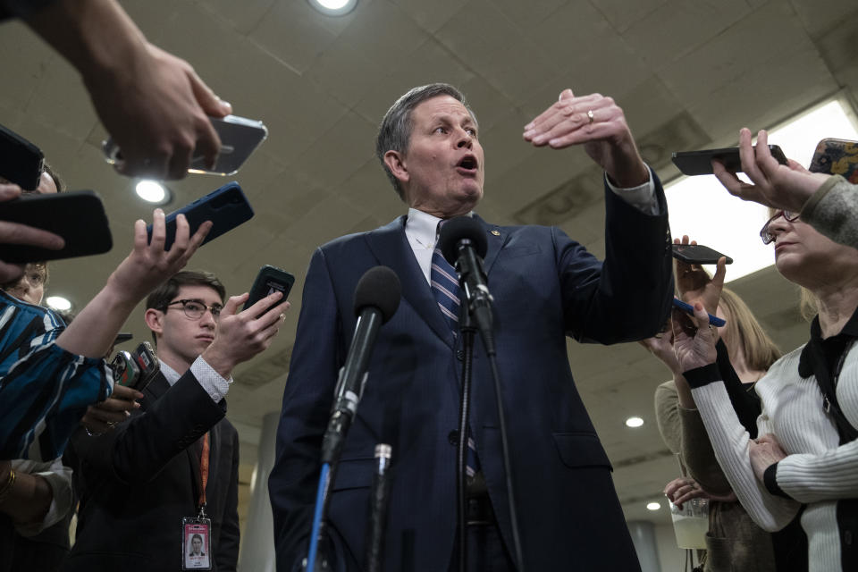 WASHINGTON, DC - FEBRUARY 9: Sen. Steve Daines (R-MT) speaks to reporters after he attended a closed-door briefing for Senators about the Chinese spy balloon at the U.S. Capitol February 9, 2023 in Washington, DC. Military and administration officials are briefing both houses of Congress today about the U.S. response to Chinas use of a spy balloon in American airspace. (Photo by Drew Angerer/Getty Images)