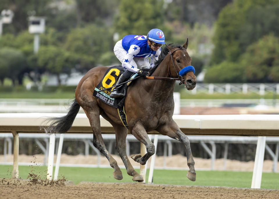 In this image provided by Benoit Photo, Nysos (6), with Flavien Prat aboard, wins the Grade III $200,000 Robert B. Lewis Stakes horse race Saturday, Feb. 3, 2024, at Santa Anita Park in Arcadia, Calif. (Benoit Photo via AP)