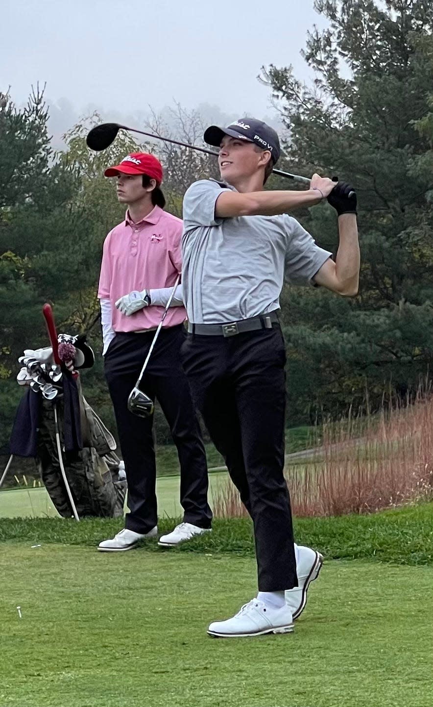 Wellesley's Ryan Keyes watches his tee shot at hole No. 5 during the MIAA Division 1 state golf tournament in Haverhill on Tuesday.