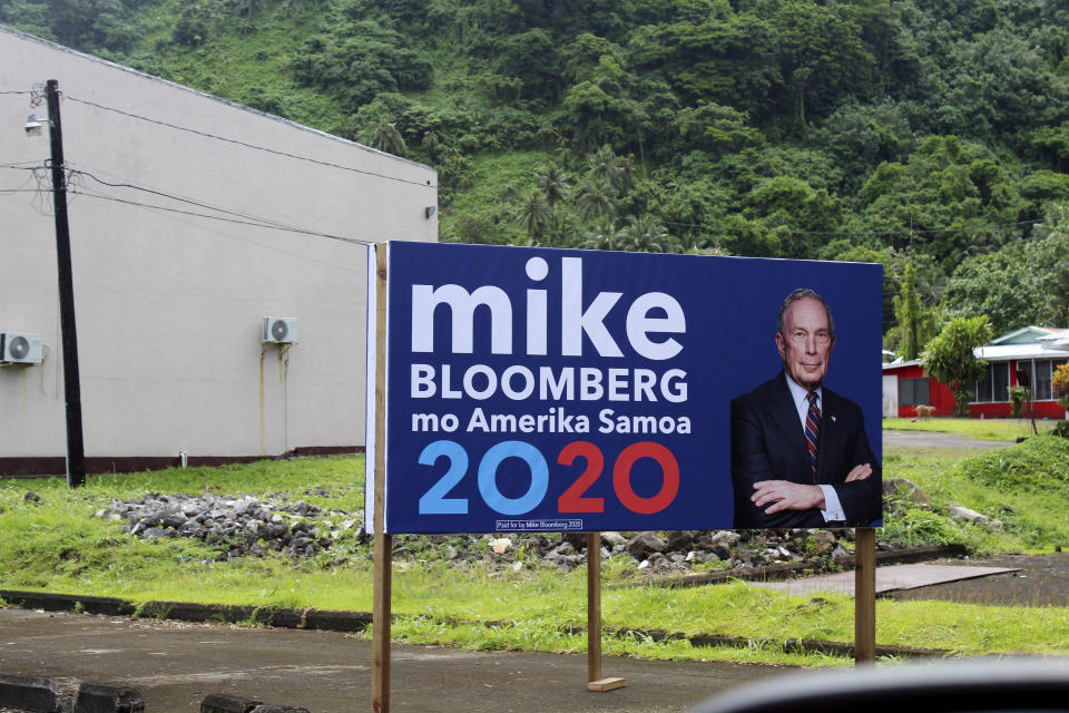 In this Feb. 27, 2020 photo, a sign for the Mike Bloomberg campaign is shown in the village of Nu'uuli, near Pago Pago, American Samoa. Mike Bloomberg spent more than $500 million to net one presidential primary win in the U.S. territory of American Samoa. His lone victory in the group of islands with a population of 55,000 was an unorthodox end to his much-hyped but short-lived campaign that ended Wednesday, March 4. (AP Photo/Fili Sagapolutele)