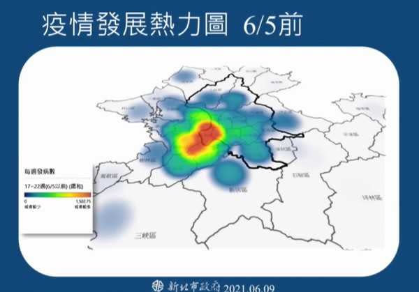 新北市政府公布疫情發展熱力圖5/8-6/9。（圖／翻攝侯友宜臉書直播）