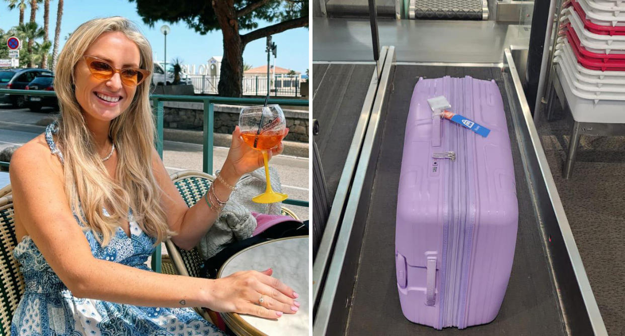 British Airways passenger Millie Alder holding a drink (left) and her purple suitcase on a conveyor belt (right). 
