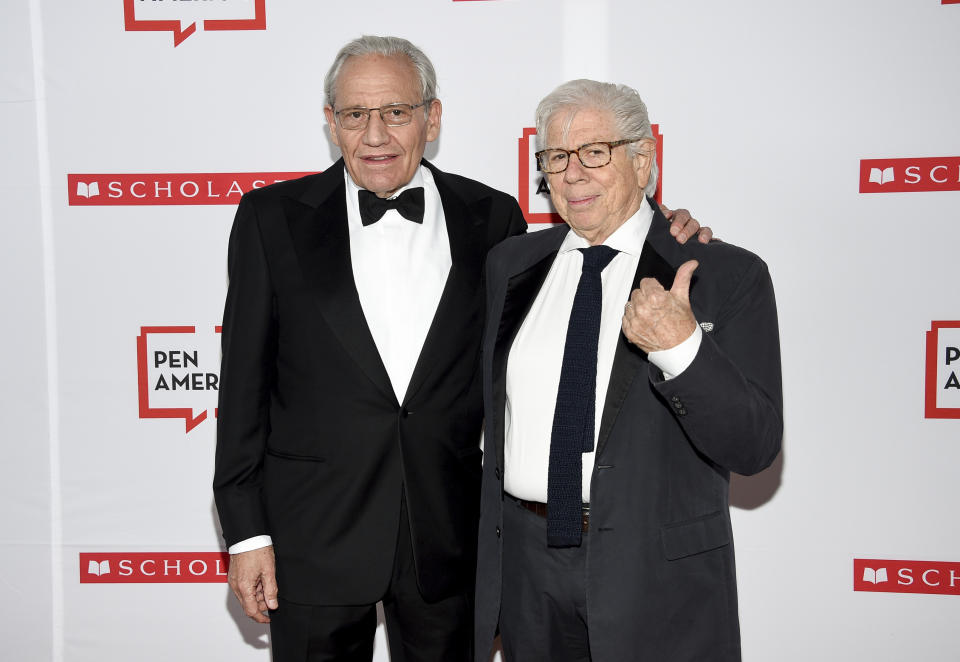 PEN literary service award recipient Bob Woodward, left, poses with fellow journalist and author Carl Bernstein at the 2019 PEN America Literary Gala at the American Museum of Natural History on Tuesday, May 21, 2019, in New York. (Photo by Evan Agostini/Invision/AP)