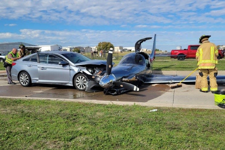 A small plane skidded off the runway and crashed into a moving car as it was making an emergency landing at an airport in Texas, injuring one person, authorities said.