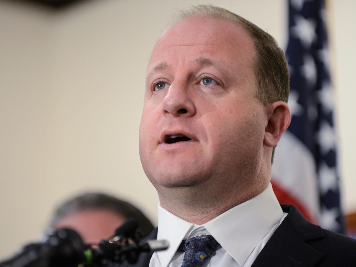 Colorado governor Jared Polis speaks to the media regarding the shooting at STEM School Highlands Ranch during a press conference at the Douglas County Sheriffs Office Highlands Ranch Substation on May 8, 2019 in Highlands Ranch, Colorado.