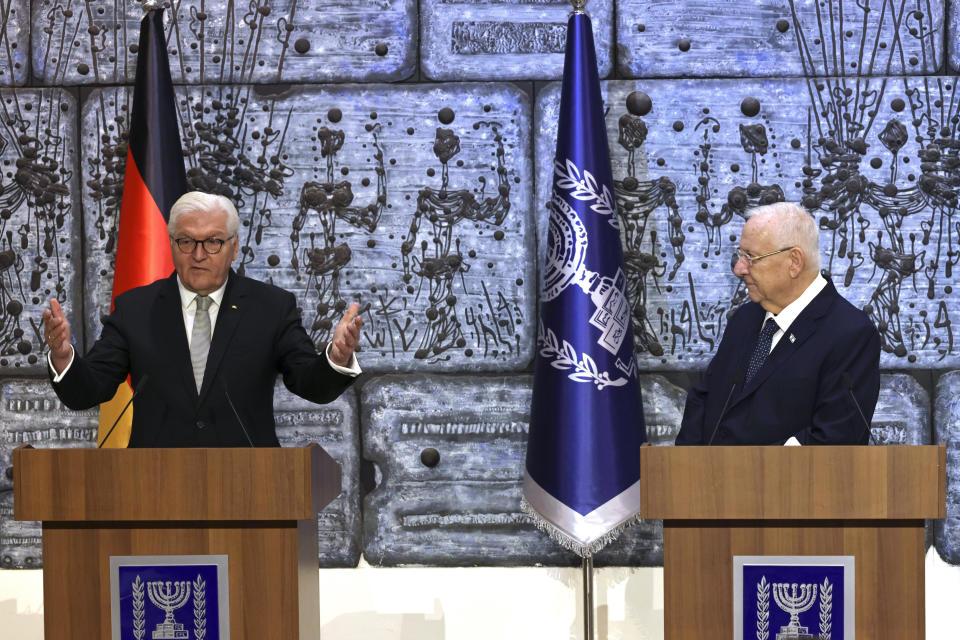 Israeli President Reuven Rivlin, right, listens as German President Frank-Walter Steinmeier speaks, at the President's residence in Jerusalem, Thursday, July 1, 2021. (AP Photo/Tsafrir Avayov)