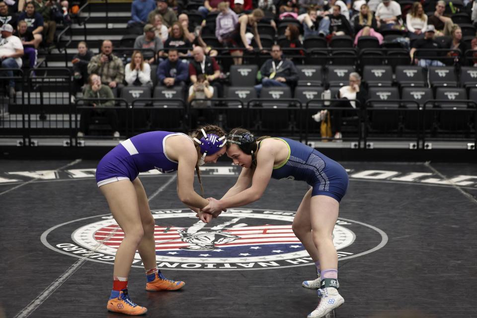 Tooele’s Anna Chlarson and Ridgeline’s Taya Crookston compete in the 4A State Championships at Utah Valley University in Orem on Wednesday, Feb. 14, 2024. | Laura Seitz, Deseret News