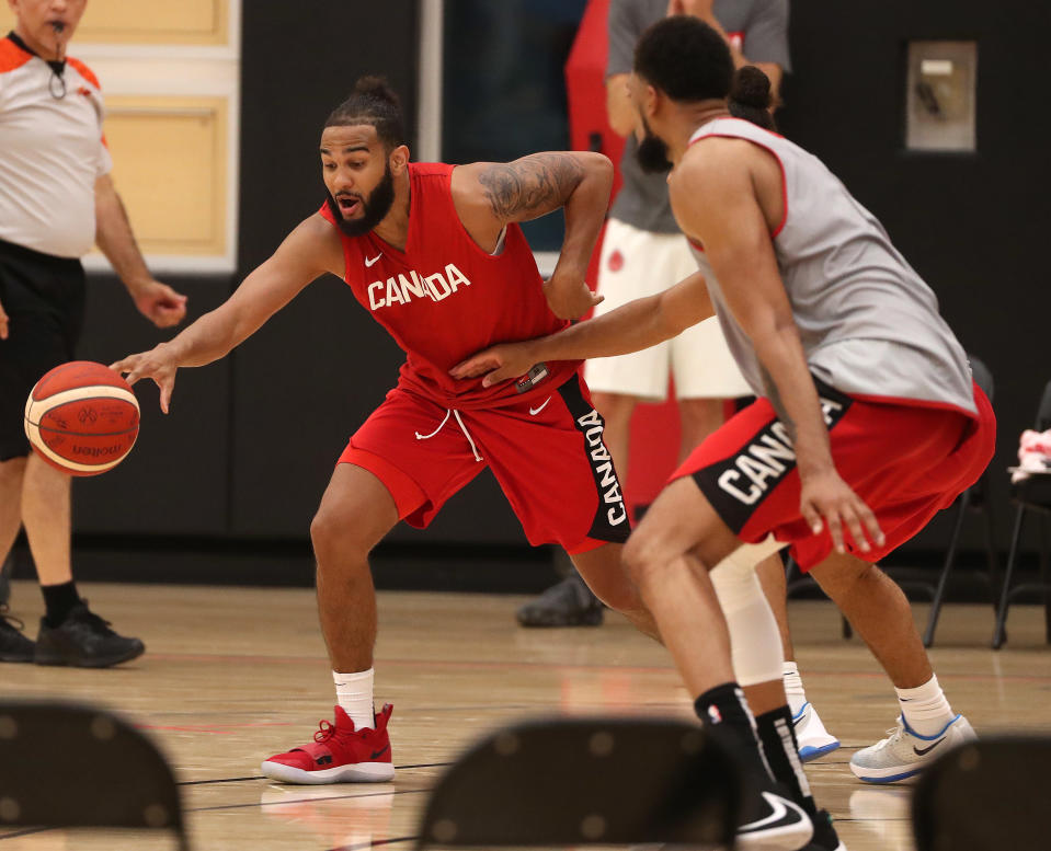 TORONTO, ON- AUGUST 5  -  Corey Joseph reaches for a loose ball.  The Canadian Men's Basketball Team hosts their first practice for the FIBA World Cup at the OVO Centre  in Toronto. August 5, 2019.        (Steve Russell/Toronto Star via Getty Images)