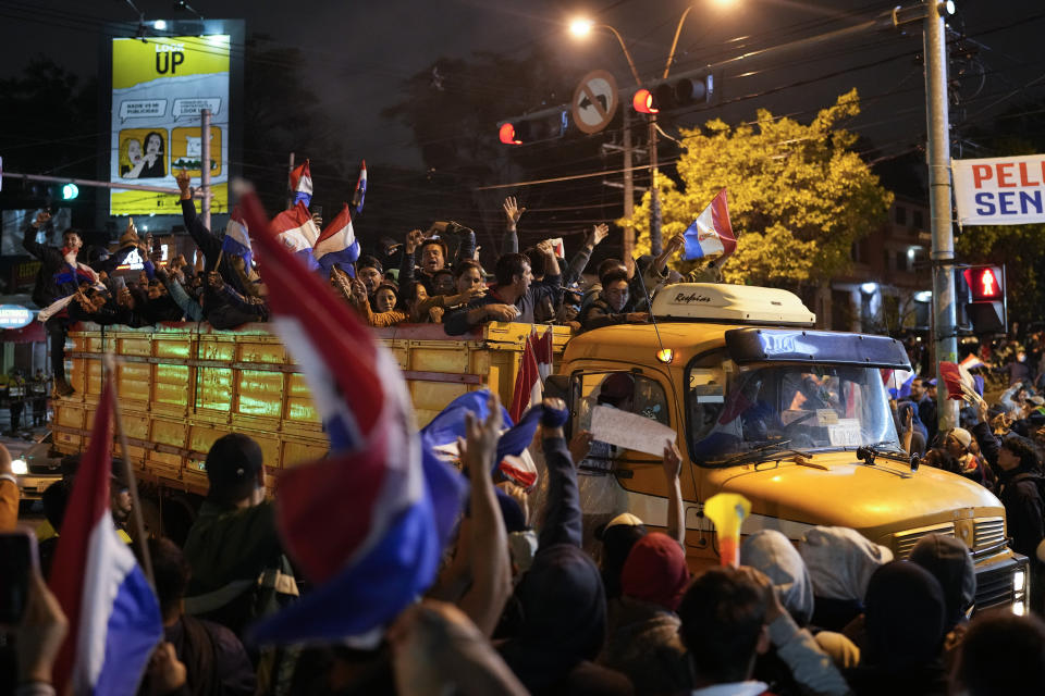 Demonstrators protest claiming alleged fraud in the elections of April 30, in Asuncion, Paraguay Tuesday, May 2, 2023. (AP Photo/Jorge Saenz)