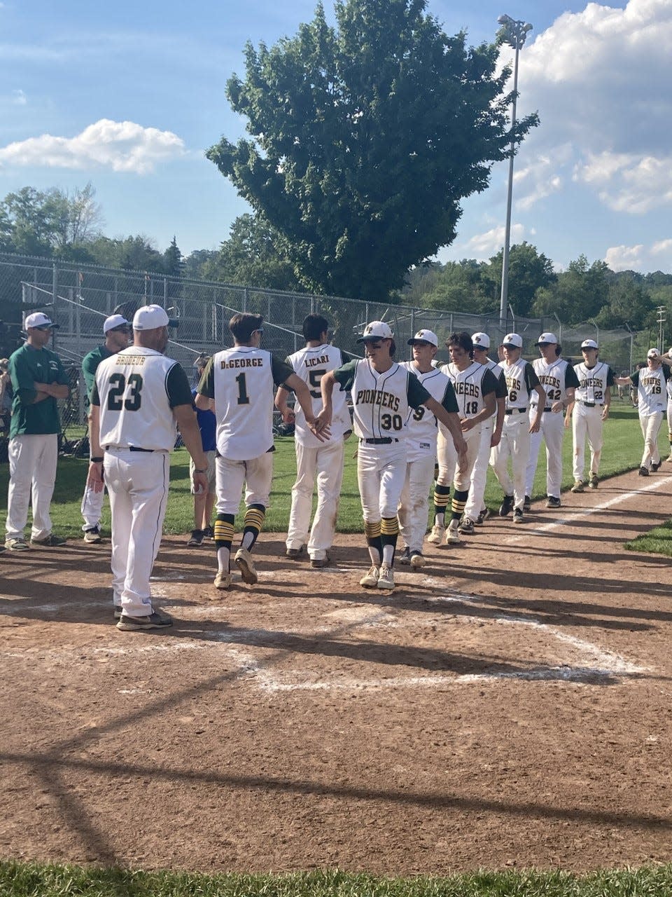 The New Providence baseball team after taking a NJSIAA Group 1 semifinal game over Waldwick on June 13, 2022