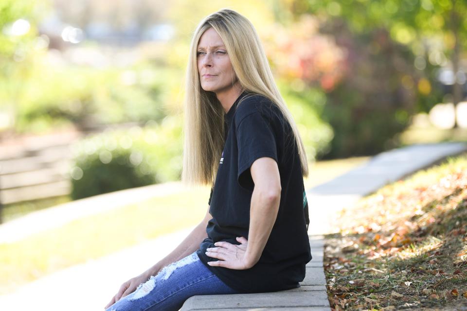 Mikayla Evans, who fell five stories from a condo in Johnson City in 2020, poses for a photo in Johnson City, Thursday, Oct. 12, 2023. Evans is now fighting to have her voice heard in the case of an alleged serial rapist that has rocked the town of Johnson City with allegations of police corruption, two federal lawsuits and a scathing audit that exposed systemic failures in the way police investigated sexual assaults.