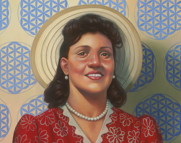 Detalle del retrato de Henrietta Lacks realizado por el artista Kadir Nelson. El cuadro se expone de forma rotatoria en el Museo Nacional Smithsonian de Historia y Cultura Afroamericana, y en el Museo Nacional de Retratos de los EE.UU. Sobre el retrato puede leerse: "Henrietta Lacks (HeLa), madre de la medicina moderna".