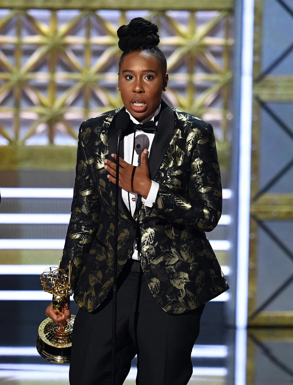 Lena Waithe accepts the Outstanding Writing for a Comedy Series award for “Master of None” during the 69th Annual Primetime Emmy Awards at Microsoft Theater on Sept. 17, 2017, in Los Angeles. (Photo: Kevin Winter/Getty Images)