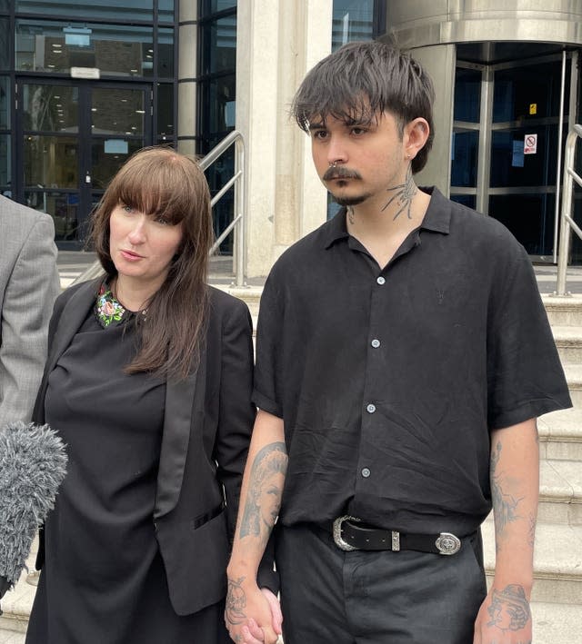 Katareyna Glowacka and Jack Maskell speak to the media outside Kingston Crown Court