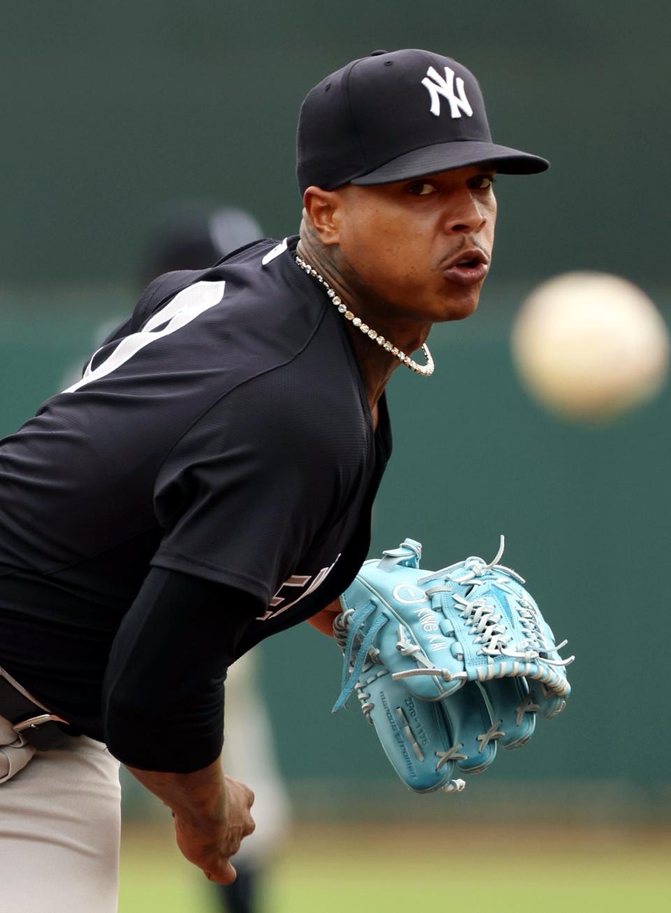 Mar 2, 2024; Sarasota, Florida, USA; New York Yankees starting pitcher Marcus Stroman (0) throws a pitch during the first inning against the Baltimore Orioles at Ed Smith Stadium. Mandatory Credit: Kim Klement Neitzel-USA TODAY Sports