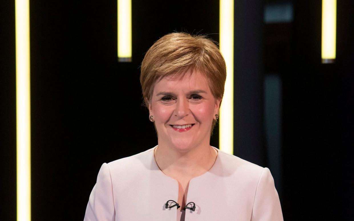 For use in UK, Ireland or Benelux countries only BBC handout photo of Scottish National Party leader Nicola Sturgeon during the Election Scotland 2021: Leaders' Debate at Edinburgh's Corn Exchange. PA Photo. Picture date: Tuesday May 4, 2021. The Scottish Parliamentary elections take place on Thursday. See PA story SCOTLAND Election. Photo credit should read: Kirsty Anderson/BBC/PA Wire NOTE TO EDITORS: Not for use more than 21 days after issue. You may use this picture without charge only for the purpose of publicising or reporting on current BBC programming, personnel or other BBC output or activity within 21 days of issue. Any use after that time MUST be cleared through BBC Picture Publicity. Please credit the image to the BBC and any named photographer or independent programme maker, as described in the caption. - Kirsty Anderson/BBC/PA Wire