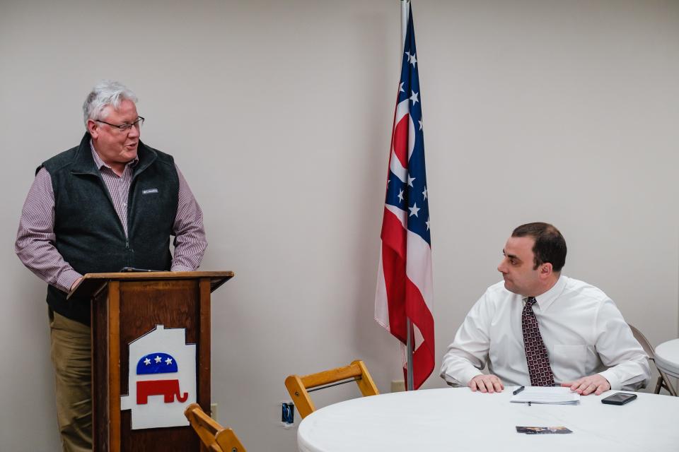 New Philadelphia Mayor Joel Day, left, congratulates Shane Gunnoe after he is nominated to be the next Mayor of Dover by the Tuscarawas County Republican Central Committee, replacing Interim Mayor, Justin Perkowski, Tuesday, Feb. 7.