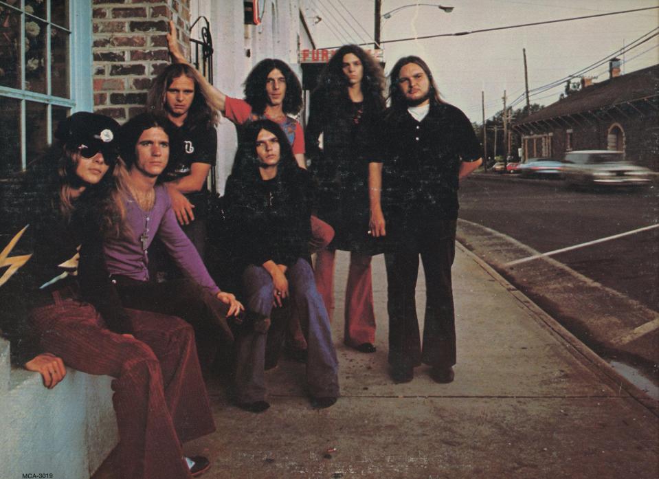 Lynyrd Skynyrd, circa 1973: bassist Leon Wilkeson, pianist Billy Powell, singer Ronnie Van Zant, guitarist Gary Rossington, drummer Bob Burns, guitarist Allen Collins, guitarist Ed King. (Photo by Emerson Loew)