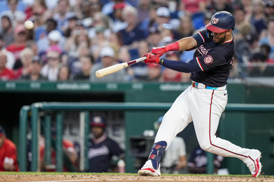 Washington Nationals' Luis García Jr. hits a three-run homer during the sixth inning of a baseball game against the New York Mets at Nationals Park, Wednesday, July 3, 2024, in Washington. (AP Photo/Alex Brandon)