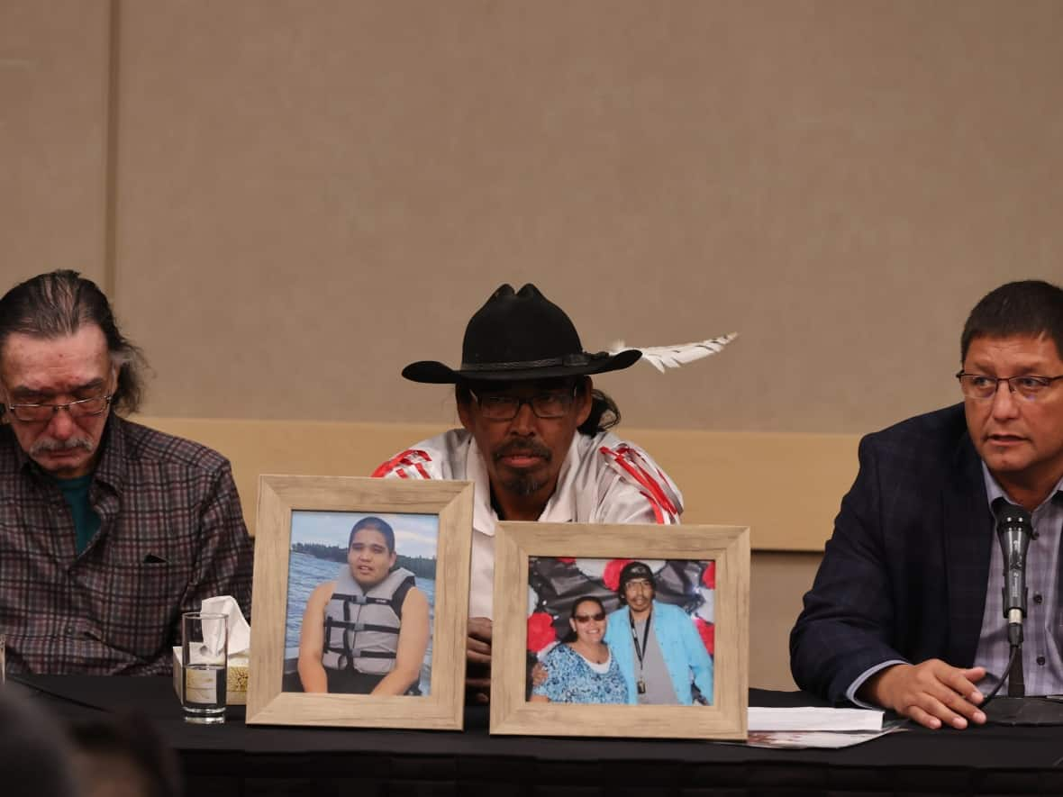 Family members of those killed in the mass stabbing at James Smith Cree Nation and nearby Weldon, Sask., speak at a news conference in Saskatoon on Wednesday. From left to right: Chuck Goodvoice, Brian (Buggy) Burns and Mark Arcand. (Evan Mitsui/CBC - image credit)