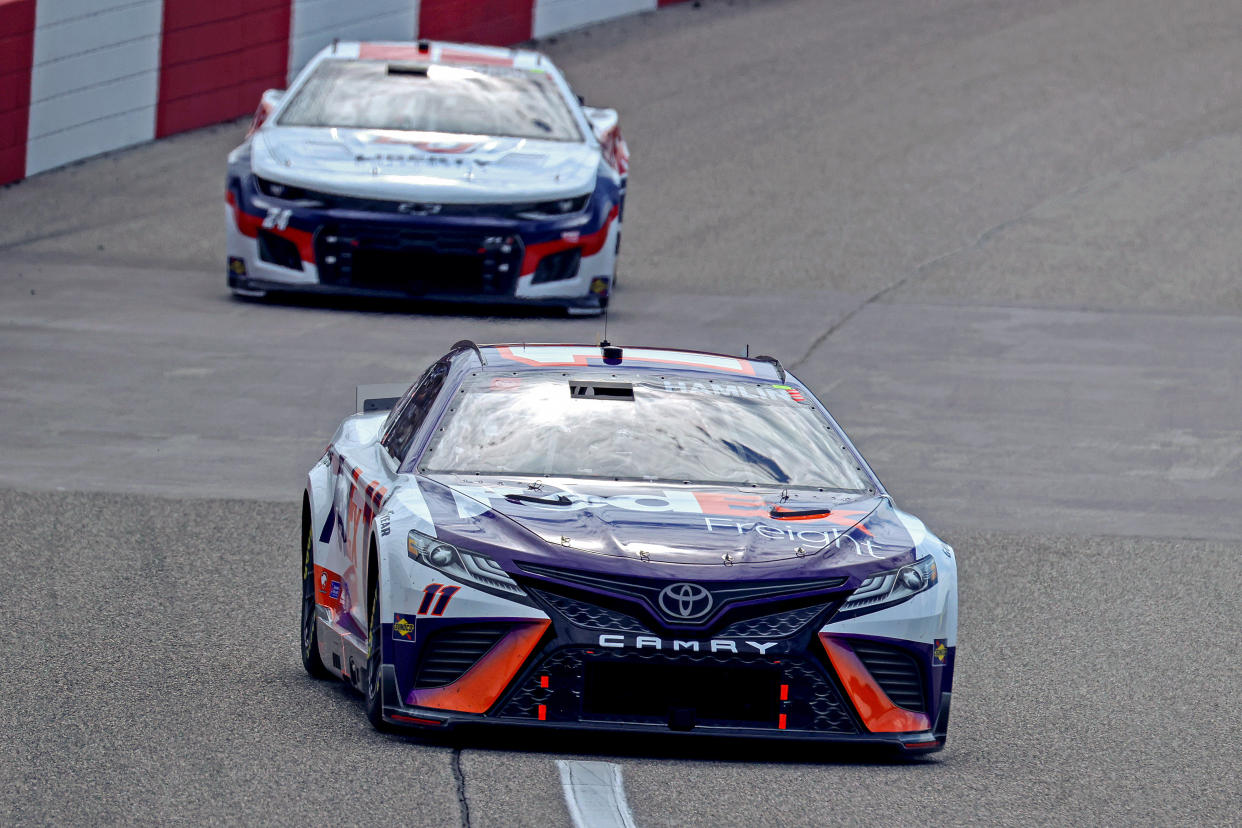 Aug 14, 2022; Richmond, Virginia, USA; NASCAR Cup Series driver Denny Hamlin (11) during the Federated Auto Part 400 at Richmond International Raceway. Mandatory Credit: Peter Casey-USA TODAY Sports