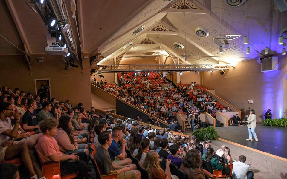 Candace Owens speaks at the Turning Point USA at Clemson University event titled "All Lives Matter" in Memorial Auditorium in Clemson Tuesday, April 4, 2023.