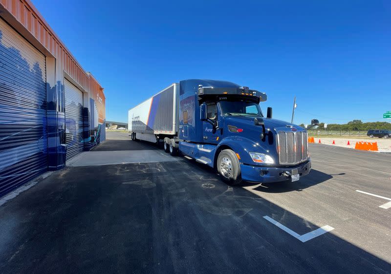 A Peterbilt 579 truck equipped with Aurora's self-driving system is seen at the company's terminal in Palmer