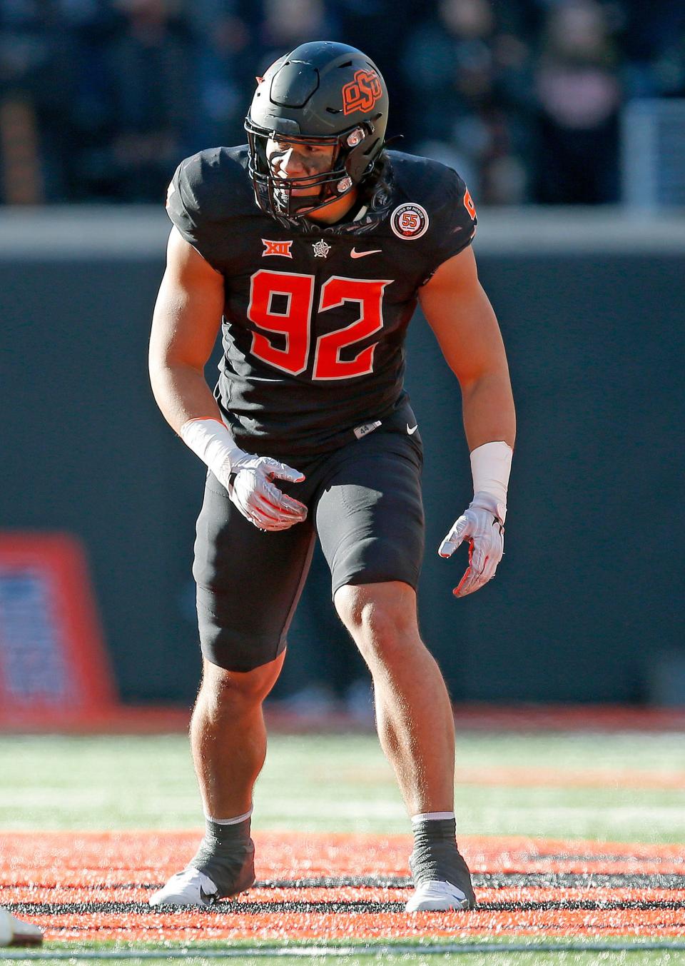 Oklahoma State defensive end Nathan Latu has become a regular player on the defensive line in recent games.