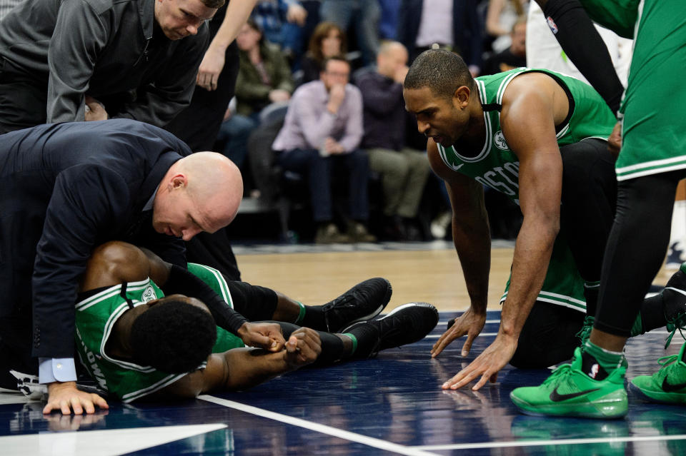 Jaylen Brown is expected to miss time next week with a concussion but avoided further injury during a terrifying fall from the rim. (Getty)