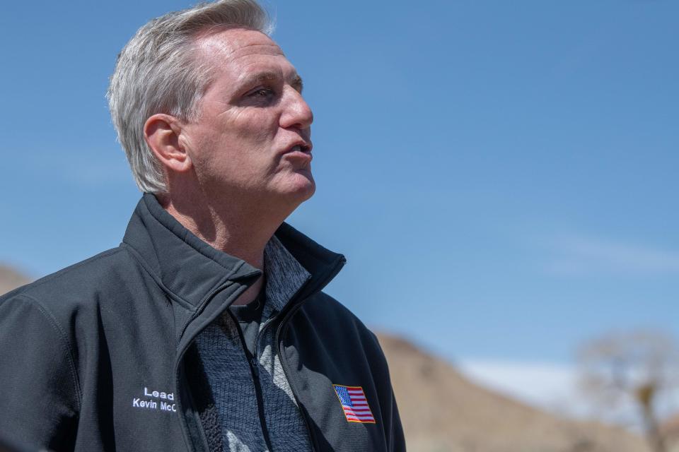 Then-House Minority Leader Kevin McCarthy addresses the press during a congressional border delegation visit to El Paso, Texas March 15, 2021. McCarthy, now House speaker, is returning to the border Thursday in Arizona.