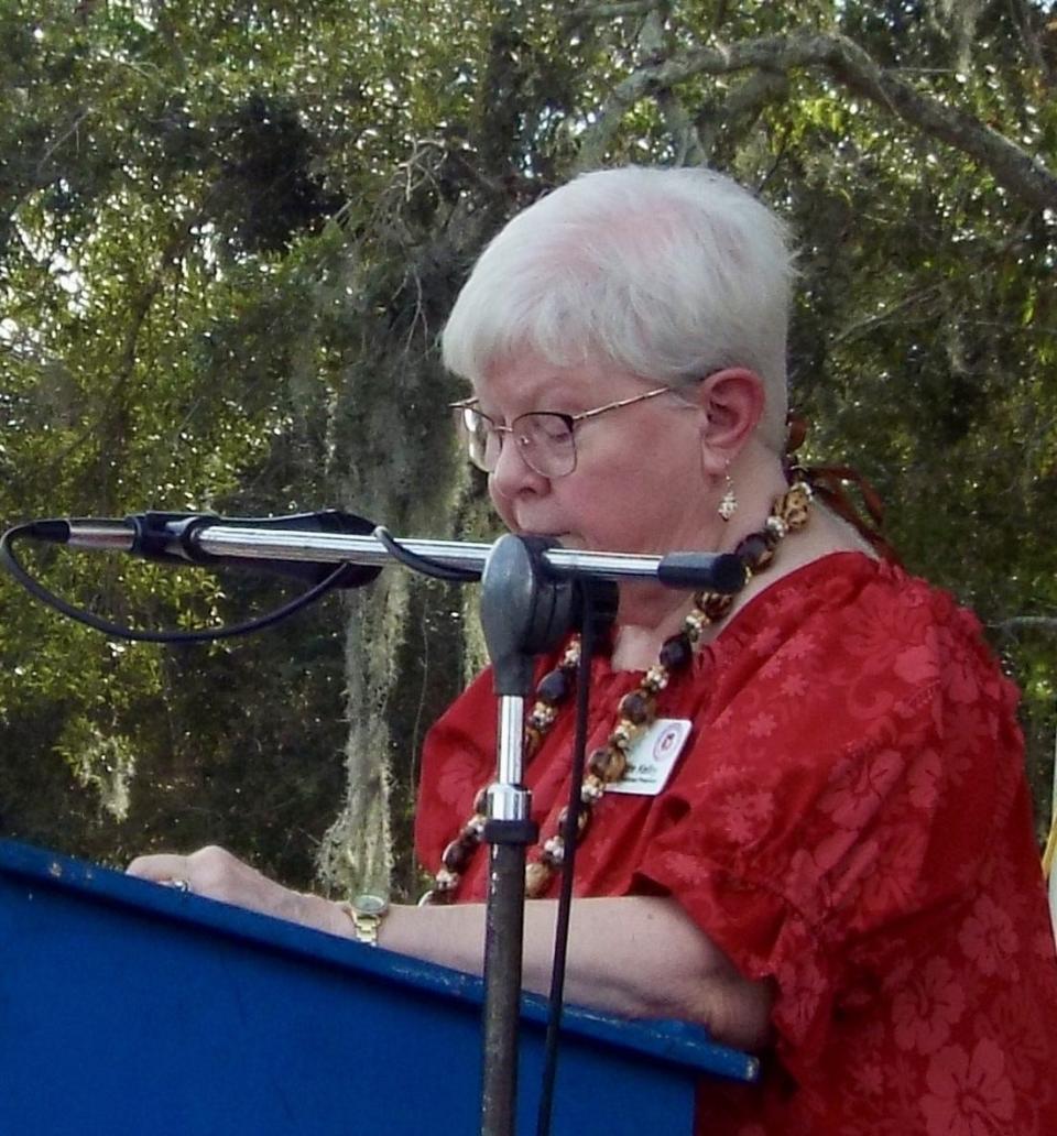 Deidre Kelley, president of the Sons and Daughters of Pearl Harbor Survivors, was a guest speaker at a Pearl Harbor Remembrance Day ceremony in Edgewater on Sunday. Kelley shared details of the bombing of Pearl Harbor by the Japanese on Dec. 7, 1941.