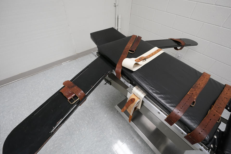 FILE - The gurney in the death chamber at Greensville Correctional Center in Jarratt, Va., March 24, 2021. The Virginia Department of Corrections has recorded audio of at least 30 executions over the last three decades, but it has no plans to release the tapes publicly. The department rejected an Associated Press request under the state's public records law to release the recordings after NPR obtained and reported on four of them. They offer a rare glimpse into executions. (AP Photo/Steve Helber, File)