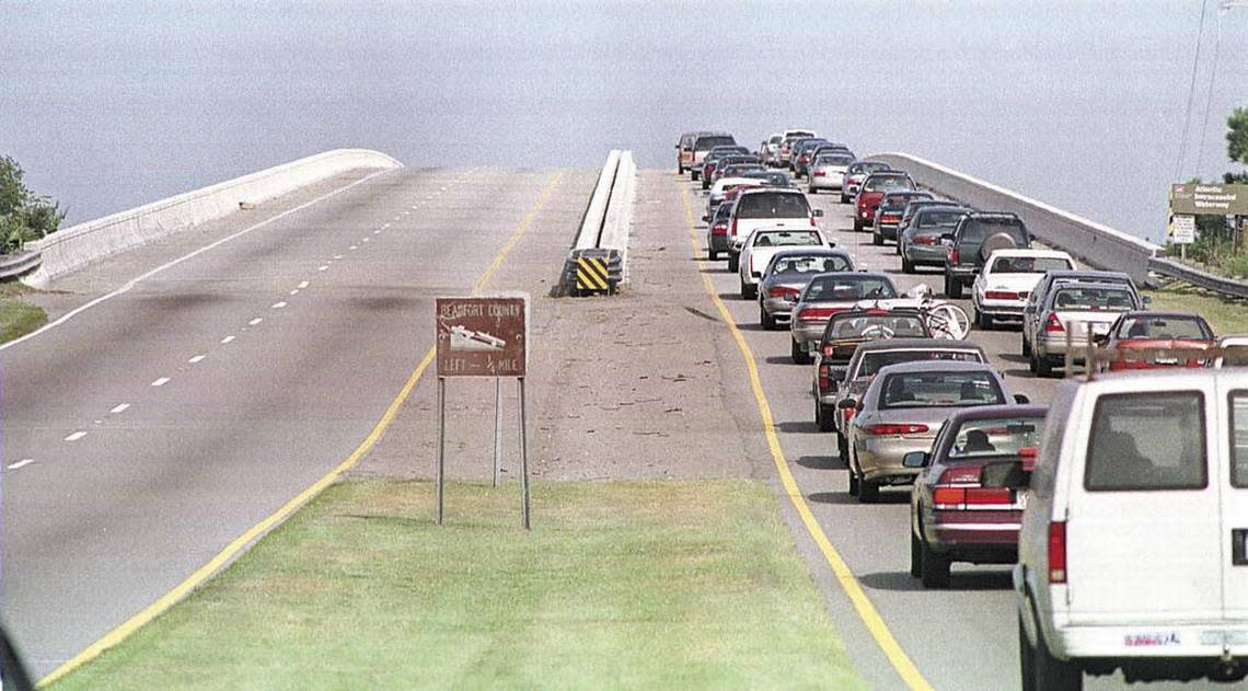 In this file photo taken during the Hurricane Floyd evacuation on Sept. 14, 1999, traffic comes to a stand still on the bridges leaving Hilton Head Island.
