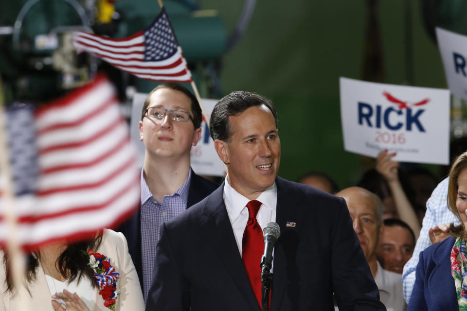 Former U.S. Sen. Rick Santorum announces his candidacy for the Republican nomination in the 2016 presidential race on Wednesday, May 27, 2015 in Cabot, Pa. (AP Photo/Keith Srakocic)