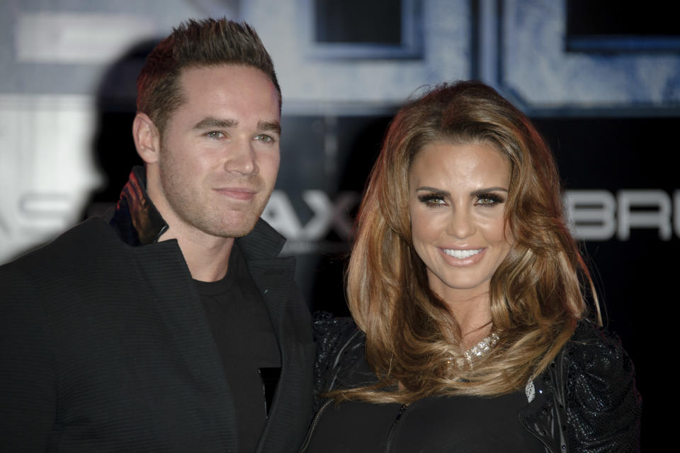 Katie Price and Kieran Hayler arrive for the World Premiere of Robocop, at a central London cinema, London, Wednesday, Feb. 5, 2014. (Photo by Jonathan Short/Invision/AP)