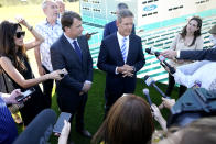 Tennessee Gov. Bill Lee, center right, answers questions along with Jim Farley, Ford president and CEO, center left, after a presentation on the planned factory to build electric F-Series trucks and the batteries to power future electric Ford and Lincoln vehicles Tuesday, Sept. 28, 2021, in Memphis, Tenn. The plant in Tennessee is to be built near Stanton, Tenn. (AP Photo/Mark Humphrey)