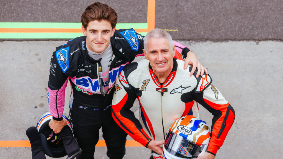 Jack Doohan and his father Mick Doohan, a five-time MotoGP world champion, after a racing demonstration ahead of the 2024 Australian Grand Prix.