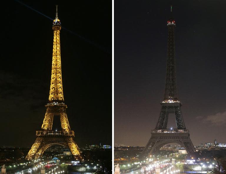 The illuminated Eiffel tower (L) and the Eiffel tower with lights switched off (R), in tribute to the 12 people killed the day before in an attack by two armed gunmen on Charlie Hebdo