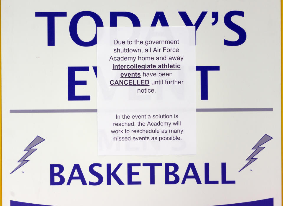 <p>A sign overs up the ‘Today’s Event’ at Cadet Field House that reads that the Air Force Academy has canceled all athletic events on Saturday Jan. 20, 2018 at the U.S. Air Force Academy in Colorado Springs, Colo. (Photo: Dougal Brownlie/The Gazette via AP) </p>