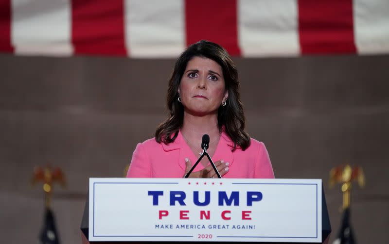 Former U.S. Ambassador to the United Nations Nikki Haley speaks to the 2020 Republican National Convention in a live address from Washington