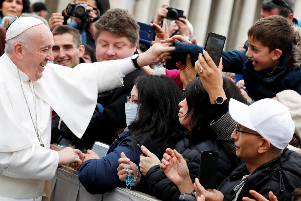 Pope Francis greets Catholic pilgrims during his weekly general audience at the Vatican on Feb. 26, 2020. (Photo: Remo Casilli / Reuters)