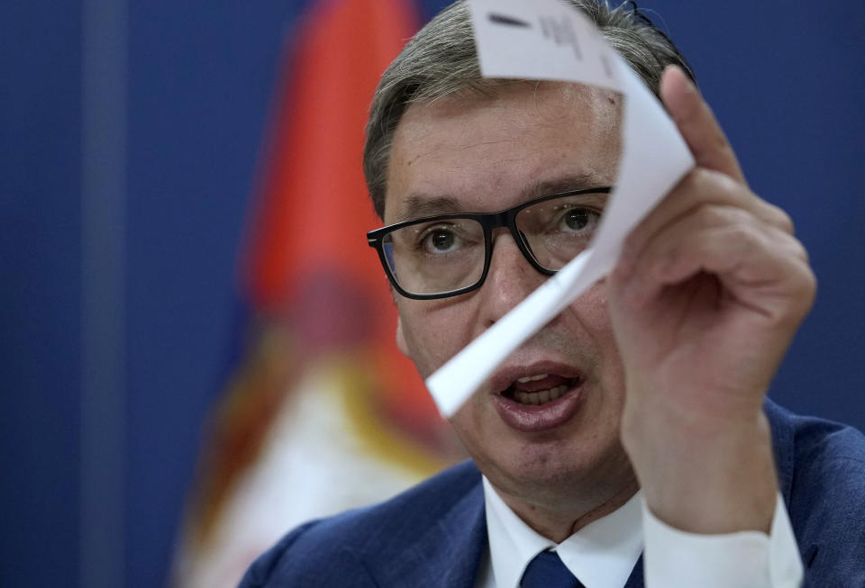 Serbian President Aleksandar Vucic addresses the nation at a news conference in Belgrade, Serbia, Sunday, Aug. 21, 2022. Vucic has called on NATO on Sunday to "do their job" in Kosovo, or Serbia will have to protect its minority in the breakaway province. Address to his nation by Aleksandar Vucic followed the collapse of political talks between Serbian and Kosovo leaders mediated earlier this week by the European Union in Brussels. (AP Photo/Darko Vojinovic)