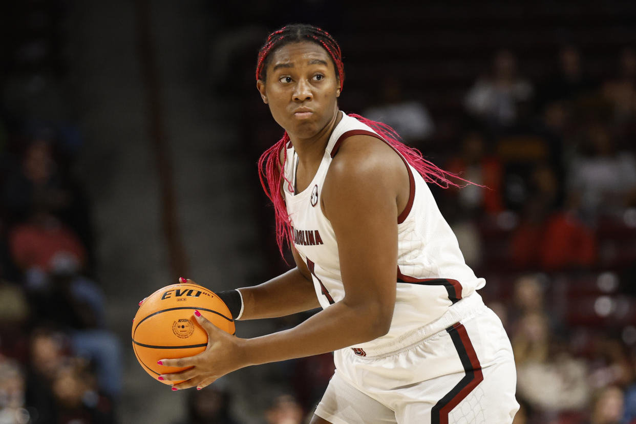 South Carolina forward Aliyah Boston looks to pass during an NCAA women's college basketball exhibition game against Benedict in Columbia, S.C., on Oct. 31, 2022. (AP Photo/Nell Redmond)