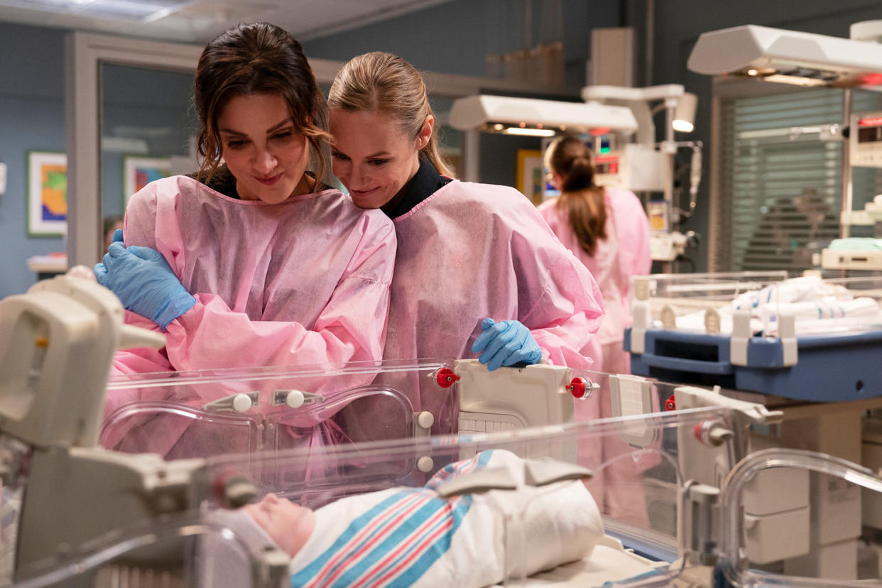 Dr. Carina DeLuca and firefighter Maya Bishop adopt a baby boy, Liam, at the start of the seventh and final season of 