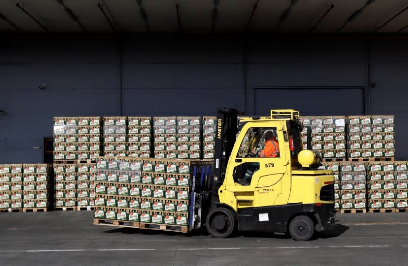 Crates of beer are transported on the yard of Plzensky Prazdroj brewery in Plzen