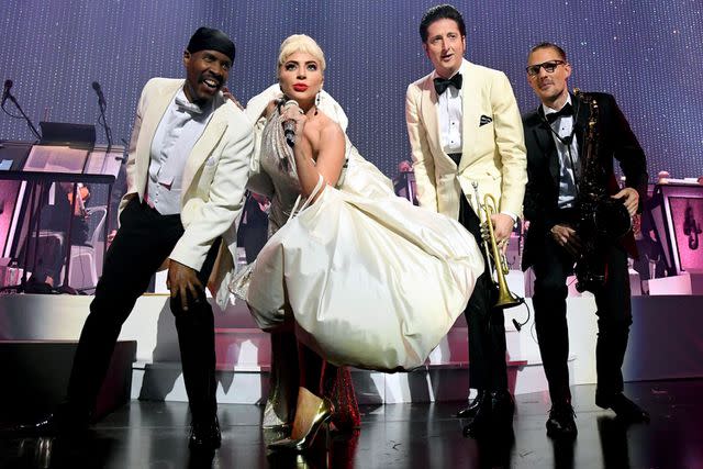 <p>Kevin Mazur/Getty</p> Lady Gaga performing in her Jazz & Piano Las Vegas residency in October 2021