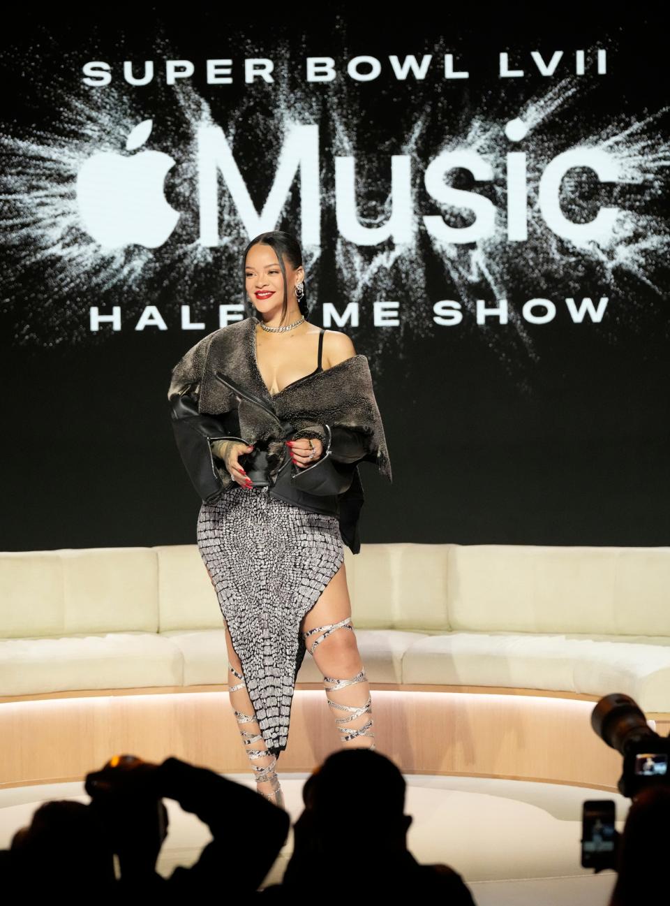 Apple Music Super Bowl LVII Halftime Show talent Rihanna poses for photos after a moderated conversation in Phoenix on Feb. 9, 2023.