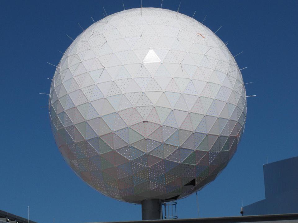 The giant ball atop the soon-to-open Revel casino in Atlantic City N.J. is shown here during testing on March 7, 2012. It was designed by Mitch Gorshin, whose father Frank played "The Riddler" in the "Batman" TV series. (AP Photo/Wayne Parry)